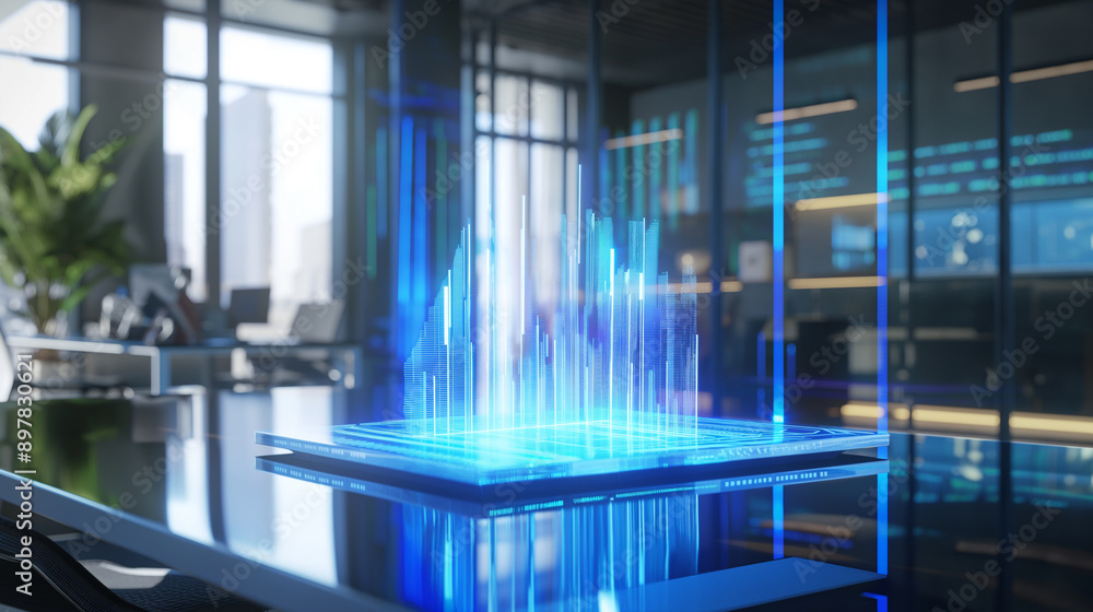 Poster business data statistics virtual display over the table in modern office, business data analysis gro