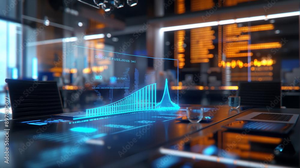 Poster business data statistics virtual display over the table in modern office, business data analysis gro