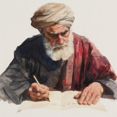An elderly man writing thoughtfully with a pen, showcasing wisdom and tradition in his expression and attire.