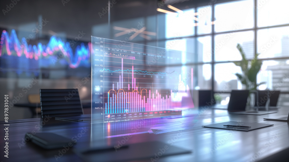 Poster business data statistics virtual display over the table in modern office, business data analysis gro