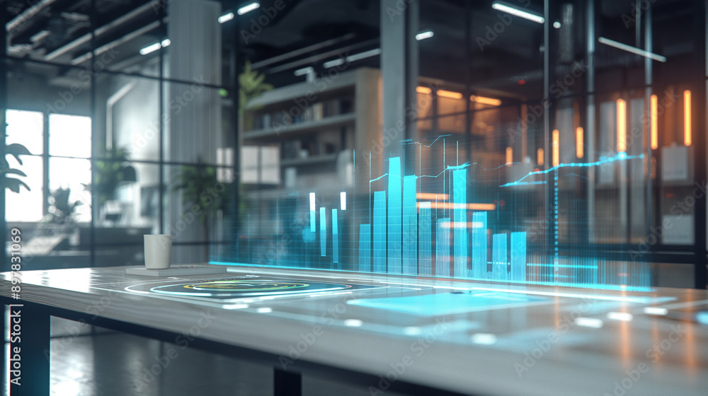 Poster business data statistics virtual display over the table in modern office, business data analysis gro