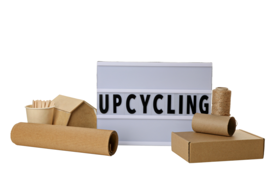 PNG, Light box with word Upcycling, paper cup, box and house, isolated on white background