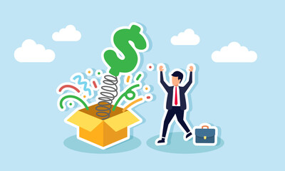 Surprise money or reward bonus, salary raise, investment profit, dividends, high-return stocks, or a winning prize, concept of happy businessman jumping high opening surprise money box.
