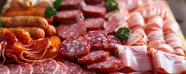 Variety of cured meats on a charcuterie board, ham, salami, and sausage, High sodium foods, Gourmet deli spread