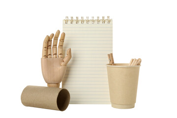 PNG, Notepad, paper cup and wooden hand, isolated on white background