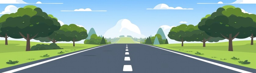 A scenic view of an empty road surrounded by trees and mountains under a bright blue sky, perfect for travel or nature themes.