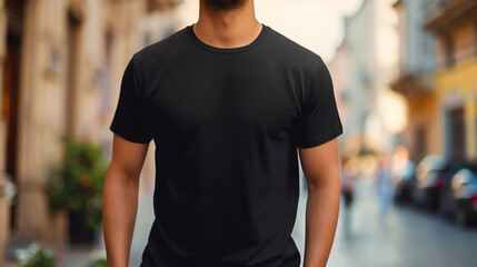 Fototapeta premium Young Model Shirt Mockup, Boy wearing black t-shirt on street in daylight, Shirt Mockup Template on hipster adult for design print, Male guy wearing casual t-shirt mockup placement