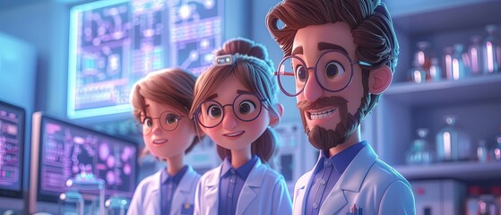 Cartoon characters in business attire, presenting tech projects, with study diagrams on screens. Space for text.