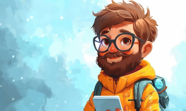 Cute cartoon character using a facial recognition system, playful background, normal angle, space for text.