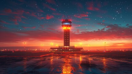 Obraz premium Air control tower at the airport at night