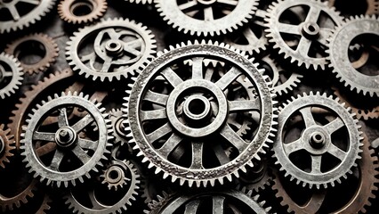 Close-up of a group of interlocked metal gears, symbolizing teamwork and collaboration.
