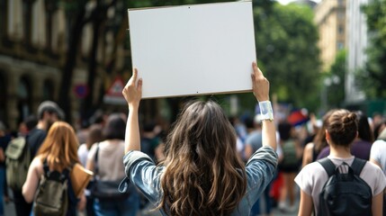 woman holding a blank sign at a street demonstration