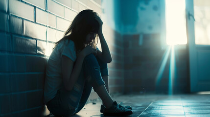Stressed and unhappy teenager sitting on the floor leaning against the wall