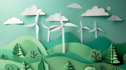 Obraz premium Paper art , renewable energy with green energy as wind turbines , Renewable energy by 2050 Carbon neutral energy , Energy consumption and CO2, Reduce CO2 emission concept 