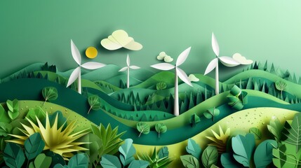 Paper art , renewable energy with green energy as wind turbines , Renewable energy by 2050 Carbon neutral energy , Energy consumption and CO2, Reduce CO2 emission concept 
