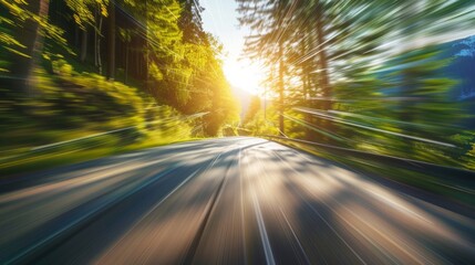 dynamic movement of a road through a lush forest with sun rays generative ai