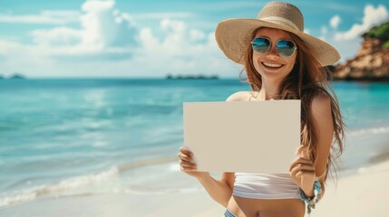 woman holding a blank sign on a daytime beach