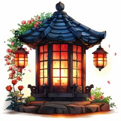 Fototapeta premium Stylized lantern with intricate carvings and soft illumination, Single Object, cartoon on white background