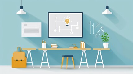 A white board with a clock on the wall and a potted plant in the corner