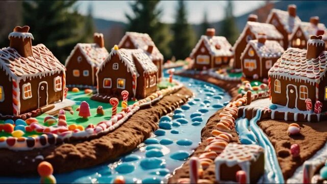 A whimsical village with houses made of candy and gingerbread, with a river of chocolate flowing through