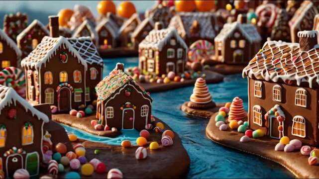 A whimsical village with houses made of candy and gingerbread, with a river of chocolate flowing through