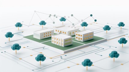 A cityscape with a building in the middle with a light bulb on top