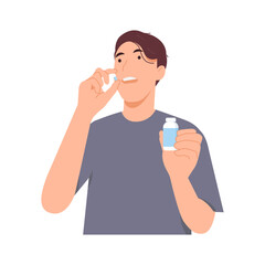 Man taking pills capsules to treat pain. Guy being treated with painkillers or antibiotics. Healthcare with taking vitamins and supplements. Vector illustration