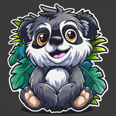 Fototapeta premium Cute Cartoon Panda Bear Sitting in Tropical Foliage