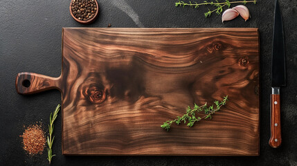 Top view simple single kitchen round cutting board empty on dark background