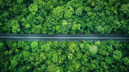 Aerial top view of asphalt road through green forest, healthy rain forest, environment, health, green economy, view of nature ecosystem for save Earth 
