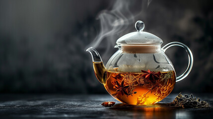 Herbal tea in glass teapot on dark background with space for text high quality image.