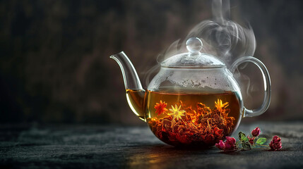 Herbal tea in glass teapot on dark background with space for text high quality image.