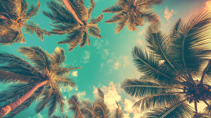 Looking up at blue sky and palm trees, view from below, vintage style, tropical beach and summer background, travel concept