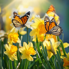 Naklejka premium 수선화 꽃밭에 호랑나비 한쌍이 춤을추고있다.