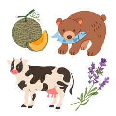 北海道イラストセット メロン 熊 ラベンダー 牛