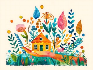 Obraz premium A colorful illustration of a hand holding a yellow house in a garden with flowers and coins.