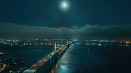 Nighttime View of a Bridge with a Full Moon