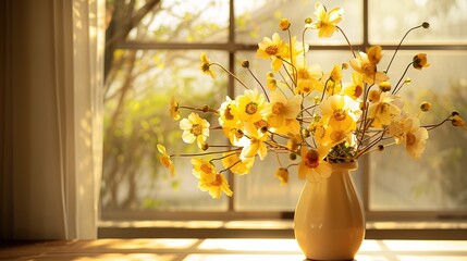 Elegant Vase of Vibrant Yellow Flowers Gracefully Positioned on a Table, Bathed in Soft Morning Light Near a Large Window. Ideal for Text Overlays