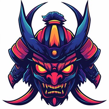 recommend clip art: Samurai Warrior Mask Illustration with Red and Blue Color Scheme