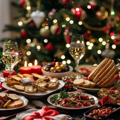 Fototapeta premium Christmas Dinner table full of dishes with food and snacks, New Year's decor with a Christmas tree on the background 