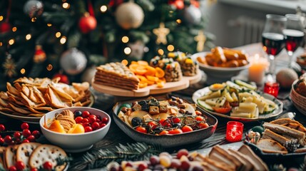 Christmas Dinner table full of dishes with food and snacks, New Year's decor with a Christmas tree on the background 