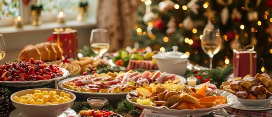 Christmas Dinner table full of dishes with food and snacks, New Year's decor with a Christmas tree on the background 
