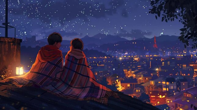 Anime couple sitting together with a blanket on a hill overlooking a glowing night valley landscape
  Seamless looping 4k time-lapse virtual video animation Generated AI