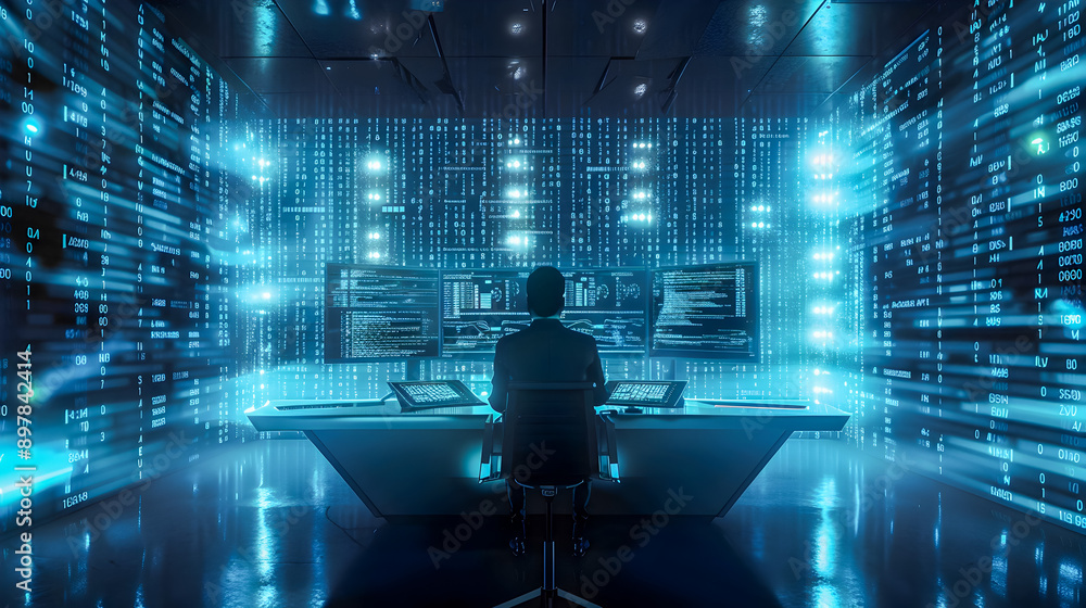 Poster a person sits at a sleek minimalist desk surrounded by glowing walls of binary code and multiple mon
