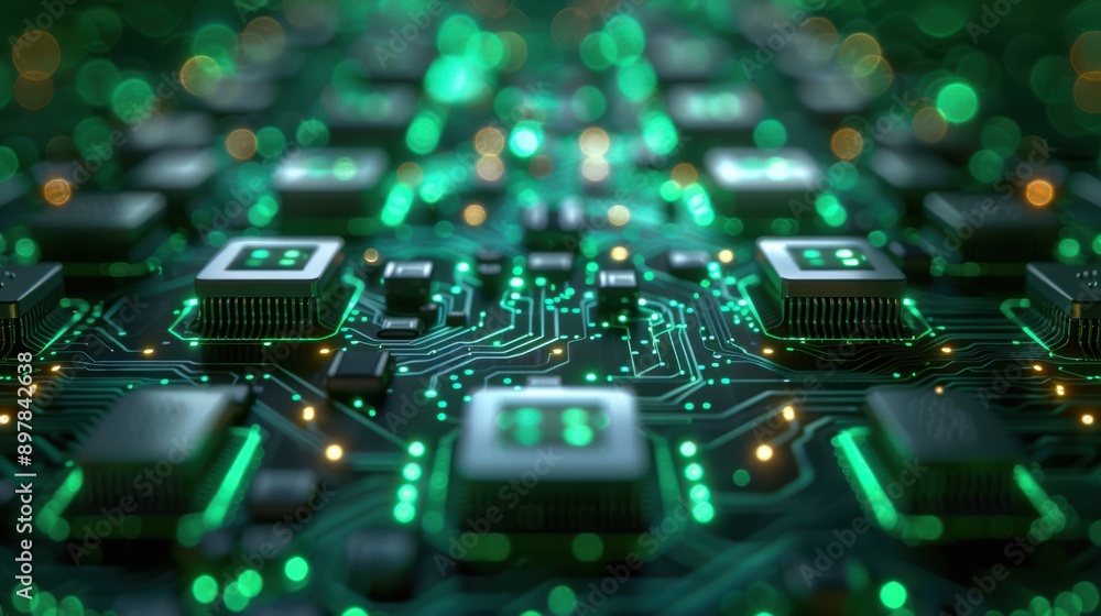 Poster a close-up of an abstract green circuit board, featuring intricate pathways and components.