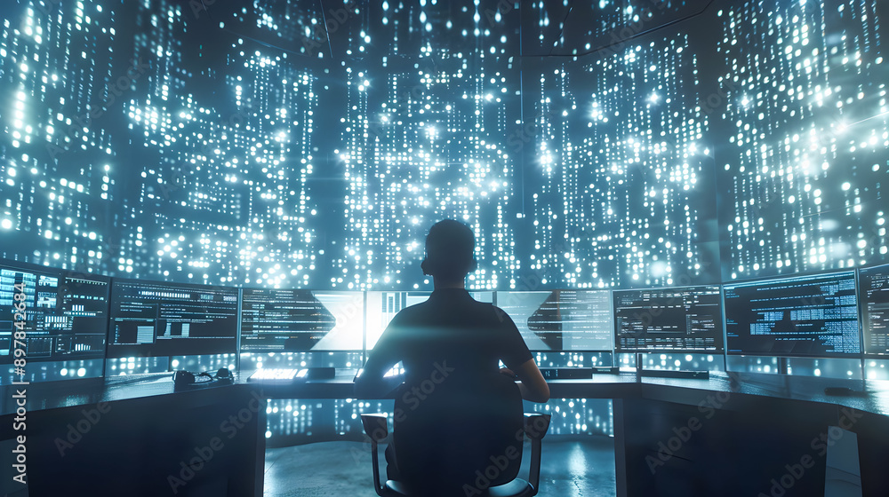Poster a person sitting at a sleek modern desk surrounded by multiple high tech monitors displaying complex
