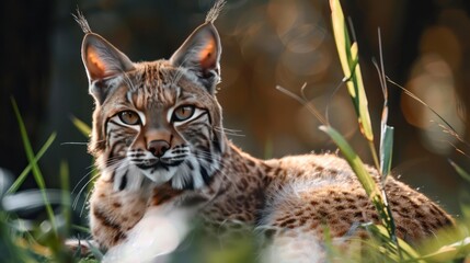 Obraz premium arafed lynx laying in the grass with its eyes open