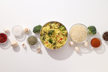 Pilaf in bowl and spices on white background, top view