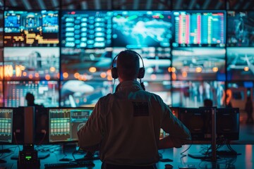 Air traffic controller in modern control room, overseeing flight operations. Multiple screens displaying flight data, coordination, technology, precision in managing air traffic efficiently.
