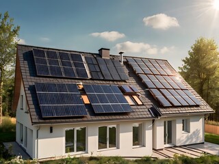 Naklejka premium Close-up of a new suburban house with a photovoltaic system on the roof. Simple and modern environmentally friendly house with solar panels on the gable roof, with sunlight during the day